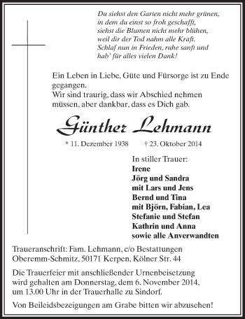 Anzeige von Günther Lehmann von  Sonntags-Post 