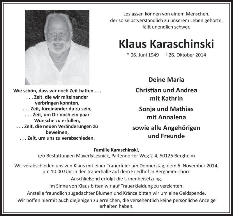  Traueranzeige für Klaus Karaschinski vom 31.10.2014 aus  Sonntags-Post 