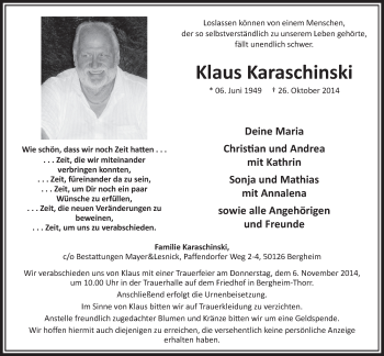 Anzeige von Klaus Karaschinski von  Sonntags-Post 