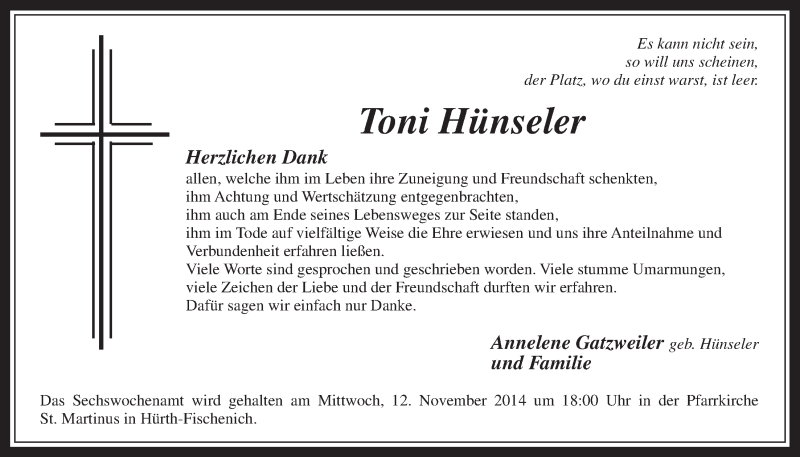  Traueranzeige für Toni Hünseler vom 05.11.2014 aus  Wochenende 