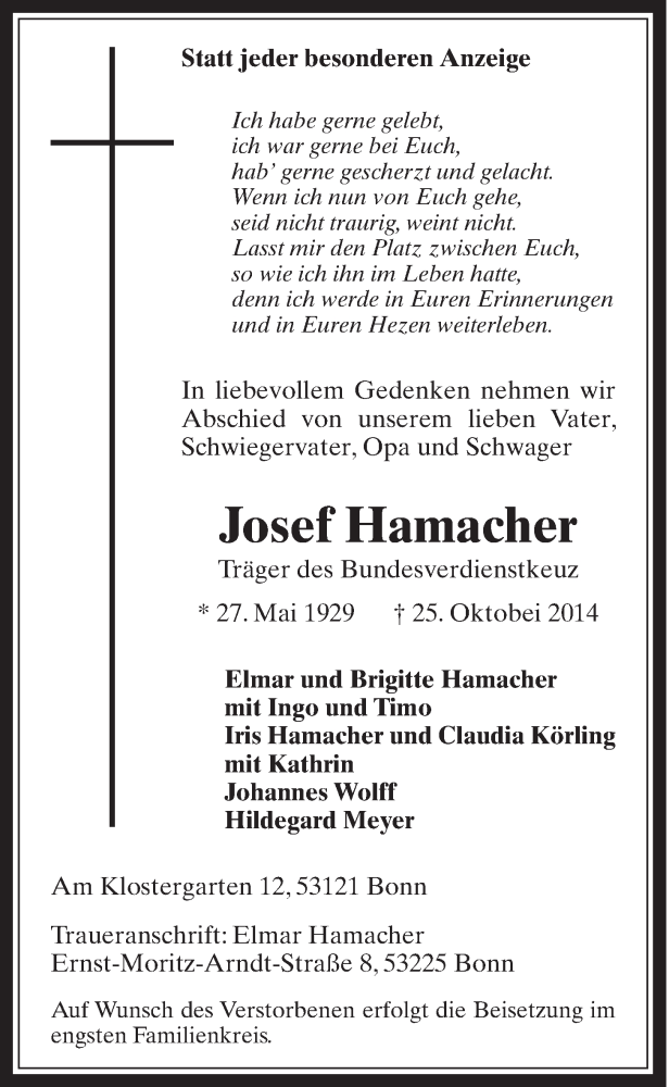  Traueranzeige für Josef Hamacher vom 05.11.2014 aus  Schaufenster/Blickpunkt 
