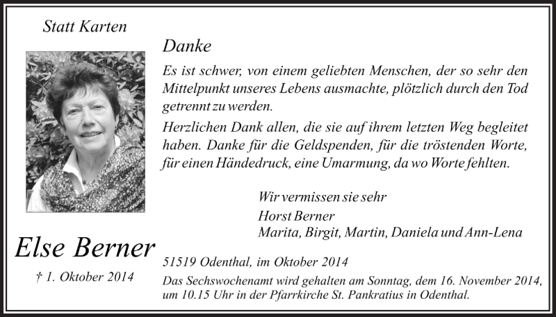  Traueranzeige für Else Berner vom 05.11.2014 aus  Bergisches Handelsblatt 