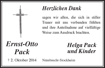 Anzeige von Ernst-Otto Pack von  Anzeigen Echo  Lokalanzeiger 