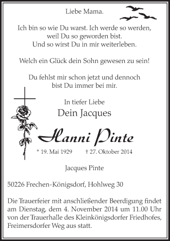 Anzeige von Hanni Pinte von  Sonntags-Post 