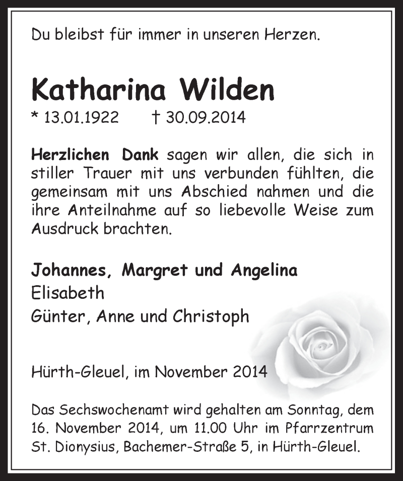  Traueranzeige für Katharina Wilden vom 12.11.2014 aus  Wochenende 
