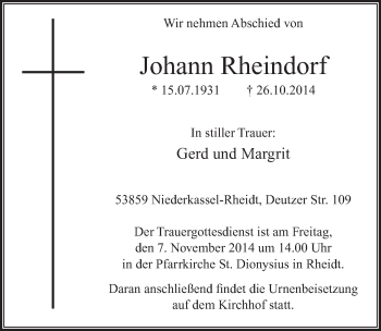 Anzeige von Johann Rheindorf von  Rhein-Sieg-Wochenende 