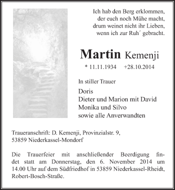 Anzeige von Martin Kemenji von  Rhein-Sieg-Wochenende 
