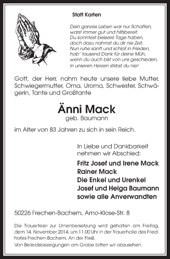 Anzeige von Änni Mack von  Wochenende 