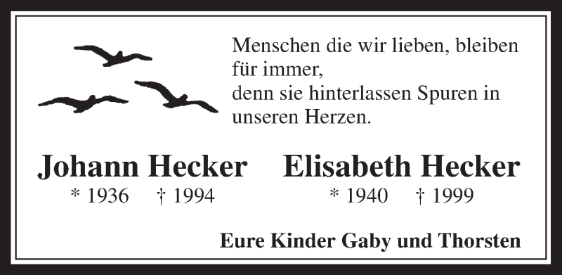  Traueranzeige für Johann und Elisabeth Hecker vom 05.11.2014 aus  Werbepost 