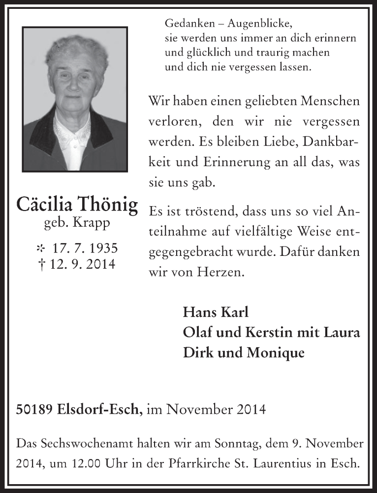  Traueranzeige für Cäcilia Thönig vom 05.11.2014 aus  Werbepost 