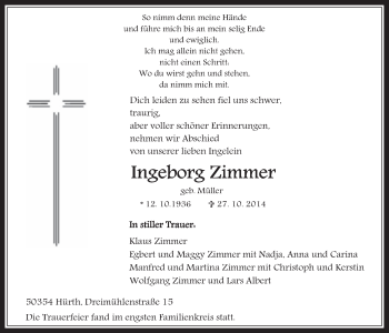 Anzeige von Ingeborg Zimmer von  Wochenende 