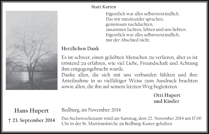 Traueranzeige für Hans Hupert vom 12.11.2014 aus  Werbepost 