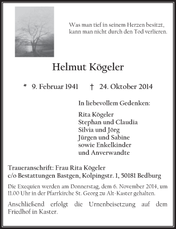 Anzeige von Helmut Kögeler von  Werbepost 