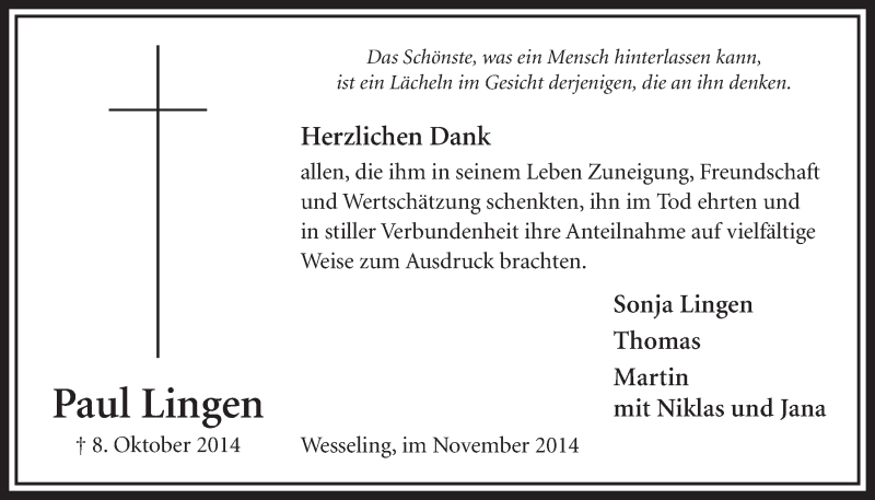  Traueranzeige für Paul Lingen vom 05.11.2014 aus  Schlossbote/Werbekurier 