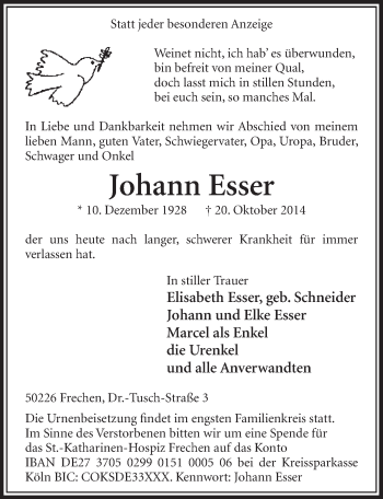 Anzeige von Johann Esser von  Sonntags-Post 