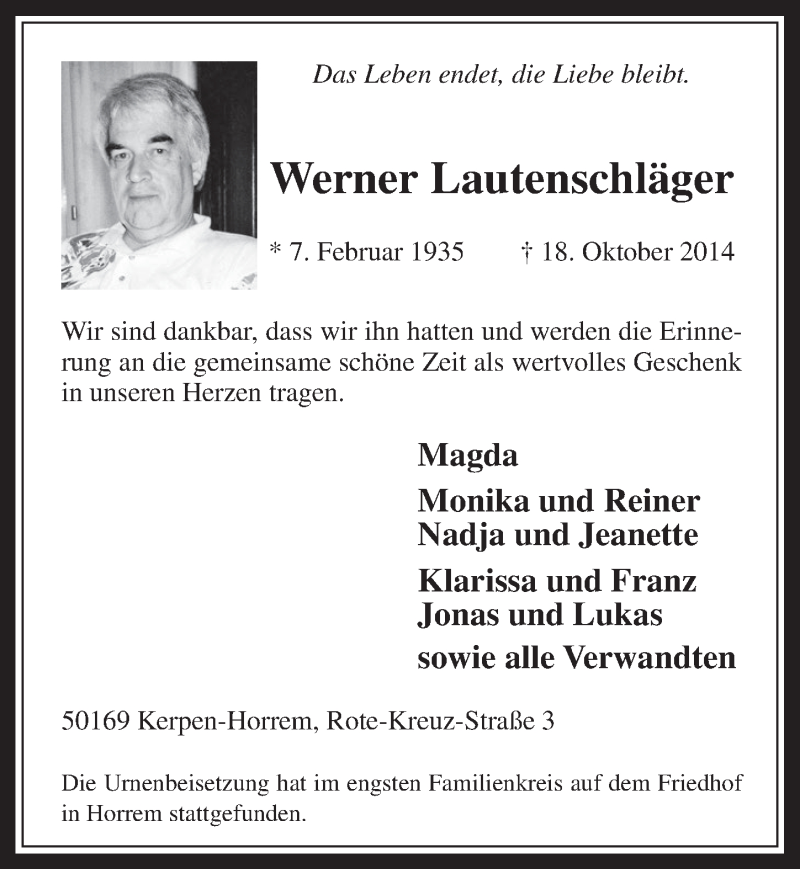  Traueranzeige für Werner Lautenschläger vom 05.11.2014 aus  Werbepost 
