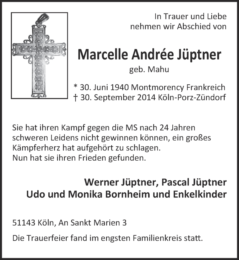  Traueranzeige für Marcelle Andree Jüptner vom 05.11.2014 aus  Kölner Wochenspiegel 