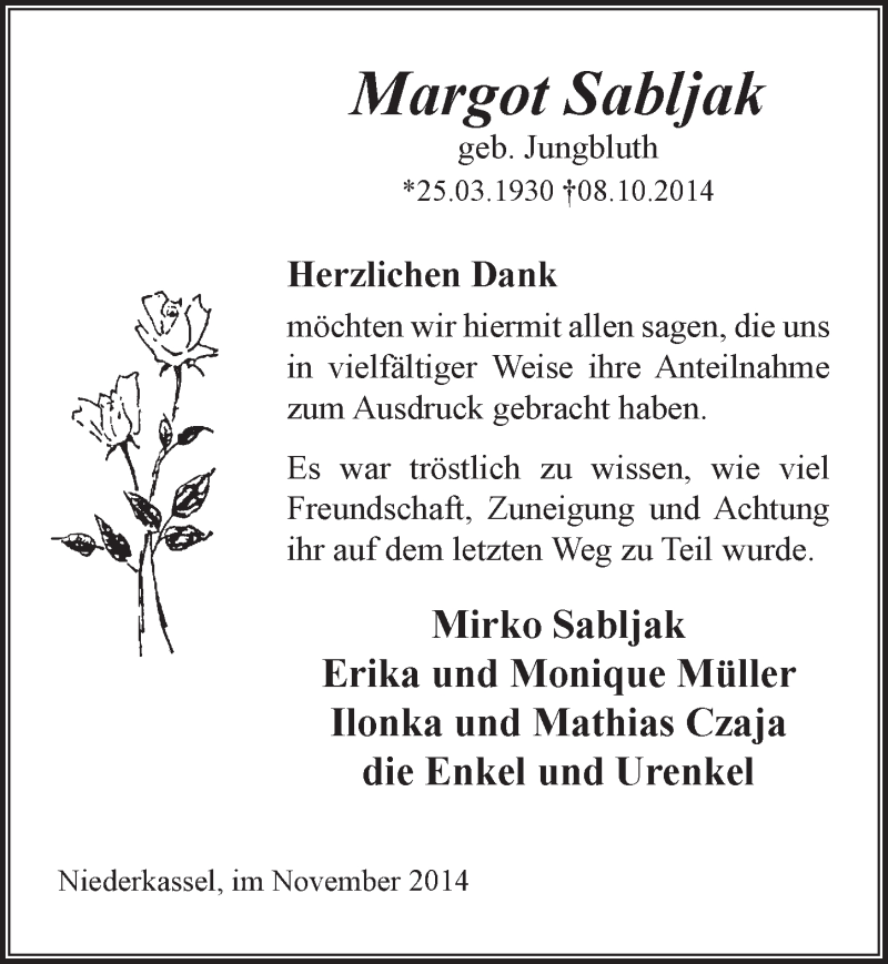  Traueranzeige für Margot Sabljak vom 05.11.2014 aus  Extra Blatt 