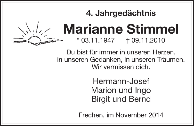  Traueranzeige für Marianne Stimmel vom 08.11.2014 aus  Sonntags-Post 