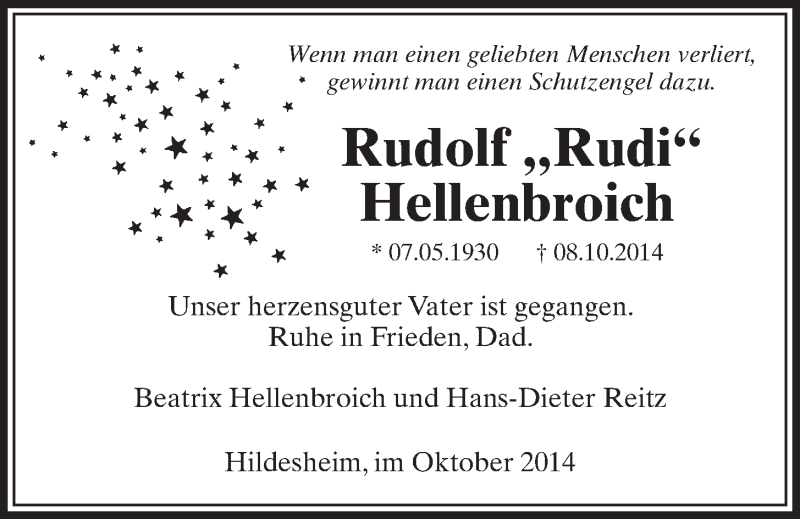  Traueranzeige für Rudolf Hellenbroich vom 12.11.2014 aus  Schlossbote/Werbekurier 