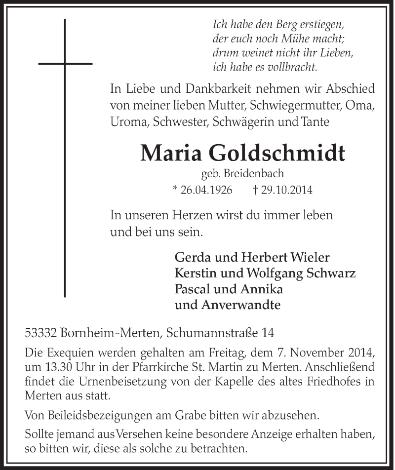  Traueranzeige für Maria Goldschmidt vom 05.11.2014 aus  Schlossbote/Werbekurier 