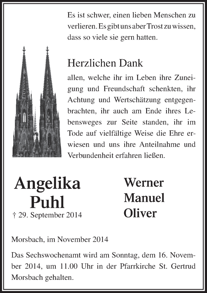  Traueranzeige für Angelika Puhl vom 12.11.2014 aus  Lokalanzeiger 