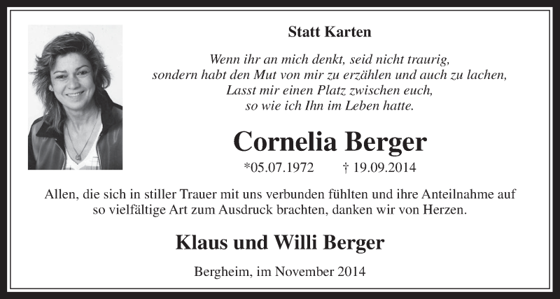  Traueranzeige für Cornelia Berger vom 05.11.2014 aus  Werbepost 
