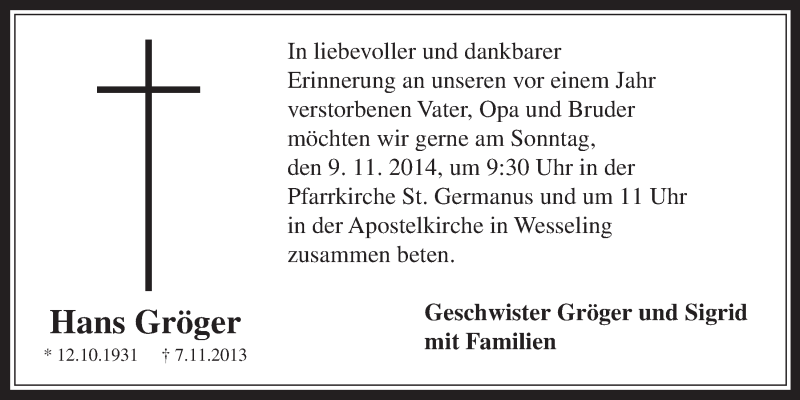 Traueranzeige für Hans Gröger vom 05.11.2014 aus  Schlossbote/Werbekurier 
