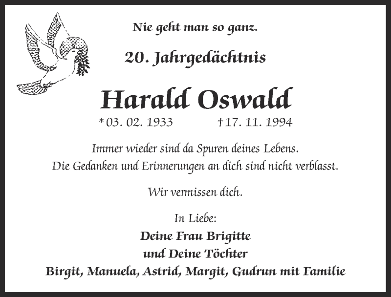  Traueranzeige für Harald Oswald vom 12.11.2014 aus  Kölner Wochenspiegel 