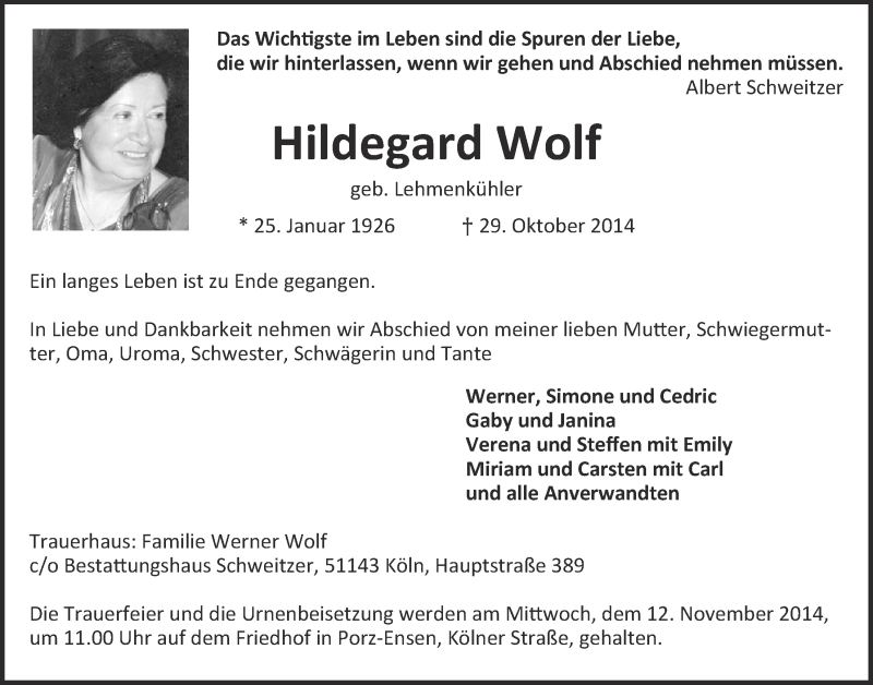  Traueranzeige für Hildegard Wolf vom 05.11.2014 aus  Kölner Wochenspiegel 