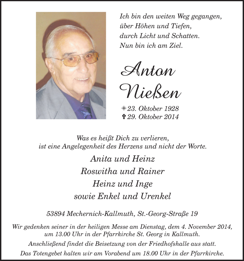  Traueranzeige für Anton Nießen vom 02.11.2014 aus  Blickpunkt Euskirchen 