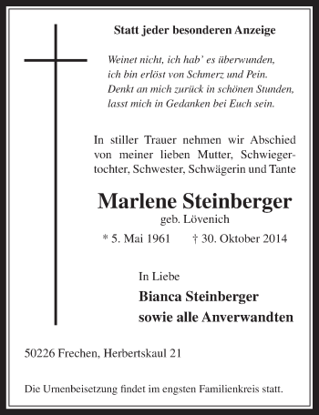 Anzeige von Marlene Steinberger von  Wochenende 
