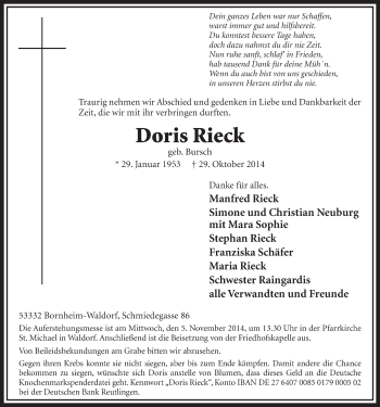 Anzeige von Doris Rieck von  Schlossbote/Werbekurier 