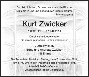 Anzeige von Kurt Zwicker von  Kölner Wochenspiegel 