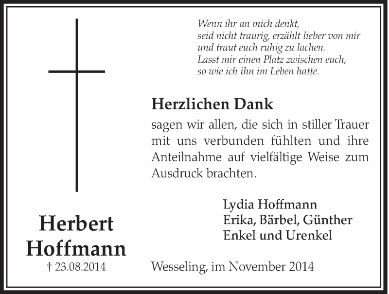  Traueranzeige für Herbert Hoffmann vom 05.11.2014 aus  Schlossbote/Werbekurier 