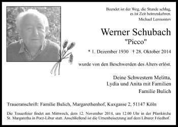 Anzeige von Werner Schubach von  Kölner Wochenspiegel  Extra Blatt 