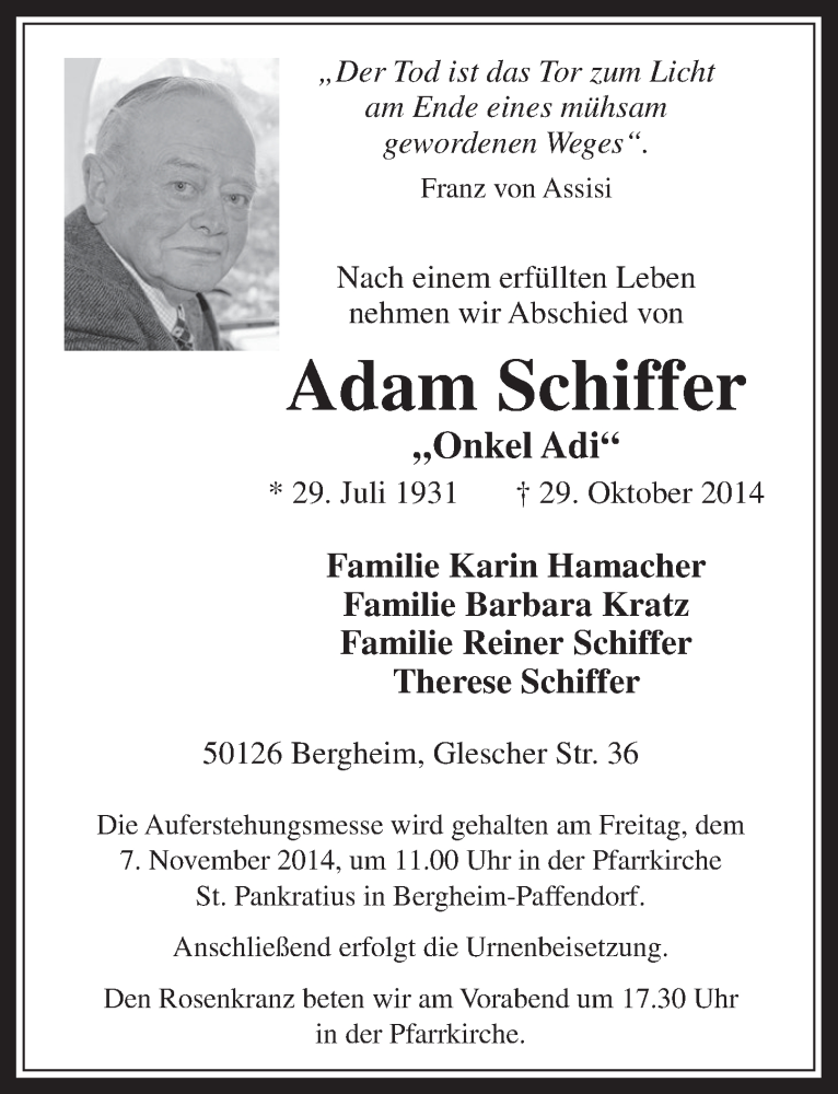  Traueranzeige für Adam Schiffer vom 05.11.2014 aus  Werbepost 