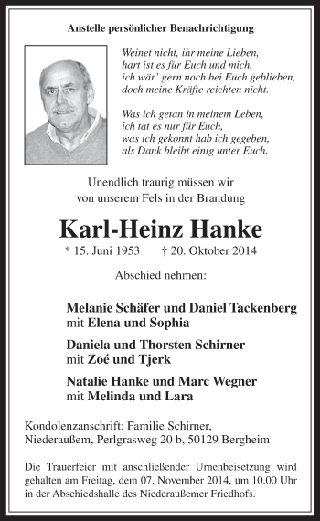 Anzeige von Karl-Heinz Hanke von  Werbepost 