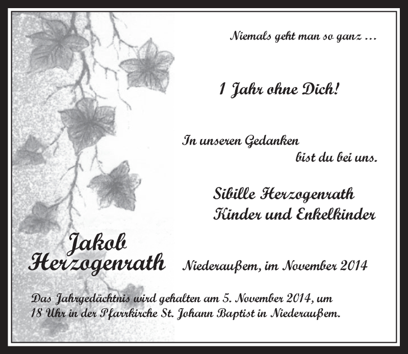  Traueranzeige für Jakob Herzogenrath vom 05.11.2014 aus  Werbepost 