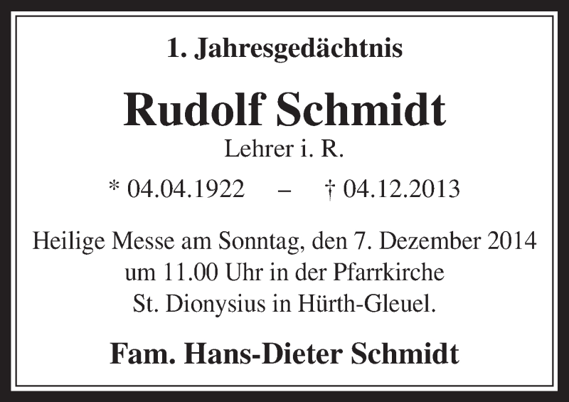  Traueranzeige für Rudolf Schmidt vom 03.12.2014 aus  Wochenende 
