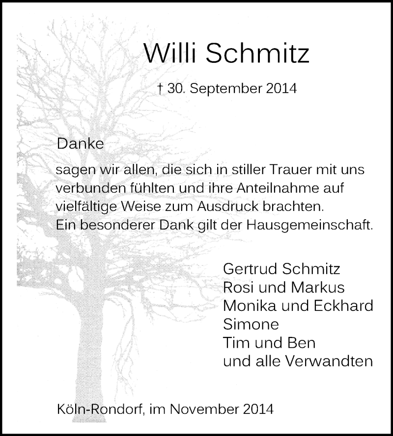  Traueranzeige für Willi Schmitz vom 05.11.2014 aus  Kölner Wochenspiegel 