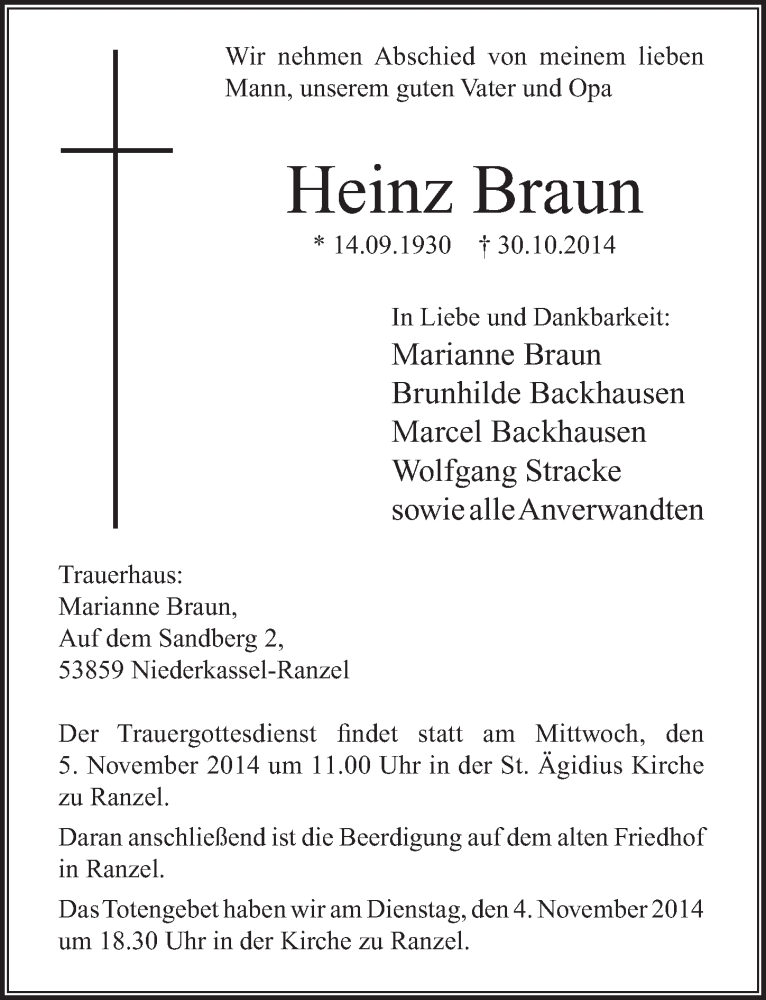  Traueranzeige für Heinz Braun vom 05.11.2014 aus  Extra Blatt 