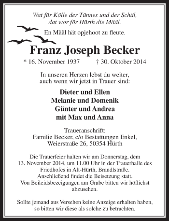 Anzeige von Franz Joseph Becker von  Wochenende 