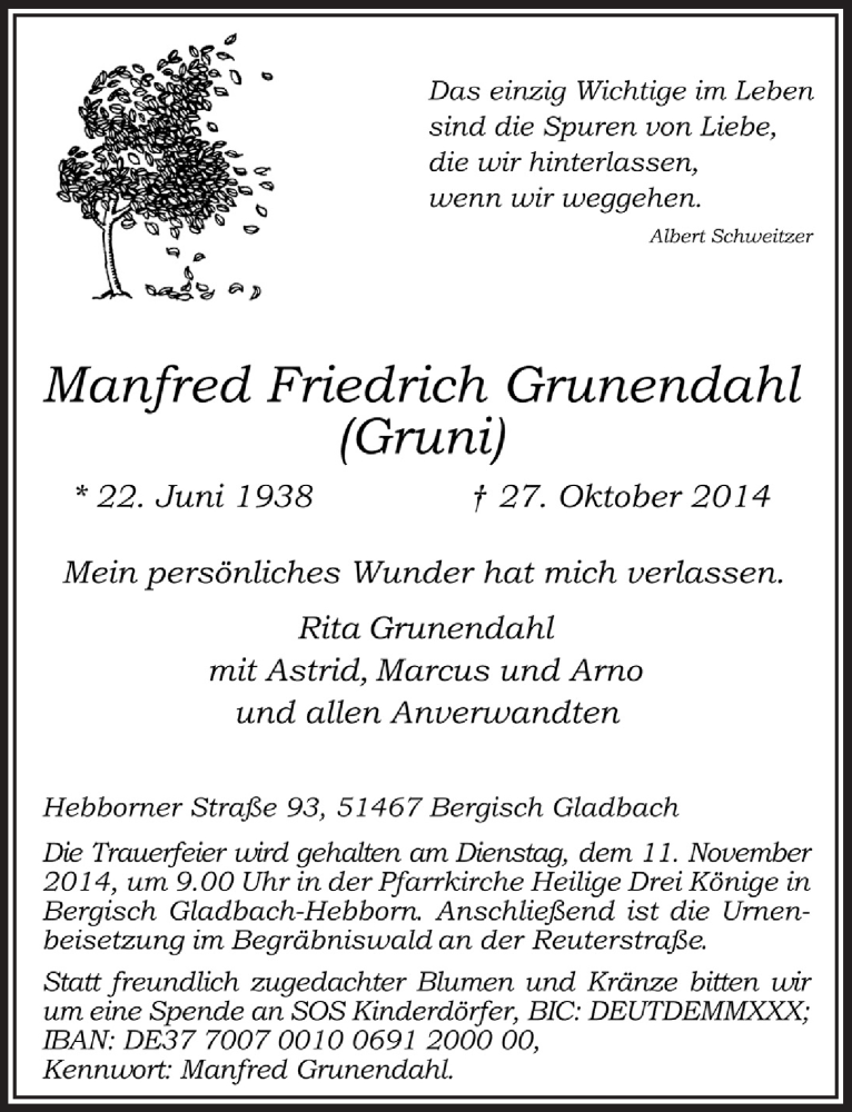  Traueranzeige für Manfred Friedrich Grunendahl vom 05.11.2014 aus  Bergisches Handelsblatt 