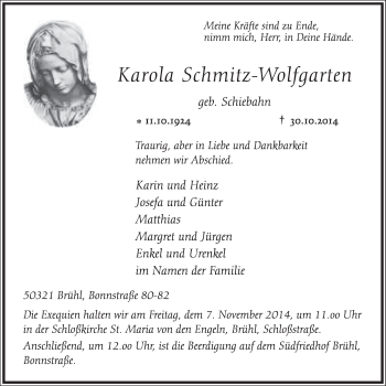 Anzeige von Karola Schmitz-Wolfgarten von  Schlossbote/Werbekurier 