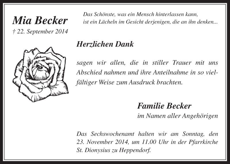  Traueranzeige für Mia Becker vom 05.11.2014 aus  Werbepost 