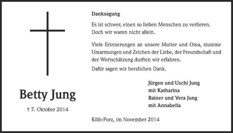  Traueranzeige für Betty Jung vom 05.11.2014 aus  Kölner Wochenspiegel 
