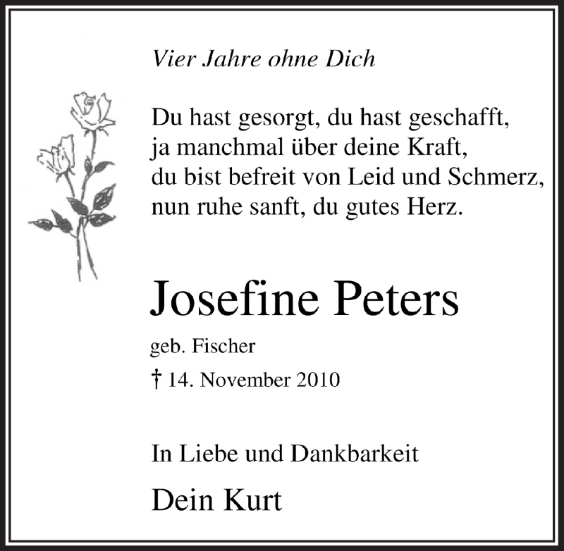  Traueranzeige für Josefine Peters vom 15.11.2014 aus  Bergisches Sonntagsblatt 