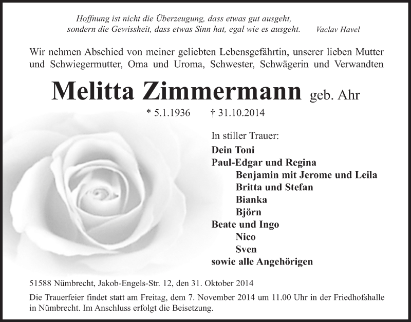  Traueranzeige für Melitta Zimmermann vom 05.11.2014 aus  Lokalanzeiger 