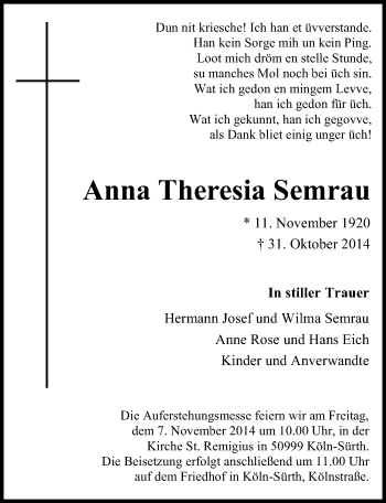 Anzeige von Anna Theresia Semrau von  Kölner Wochenspiegel 